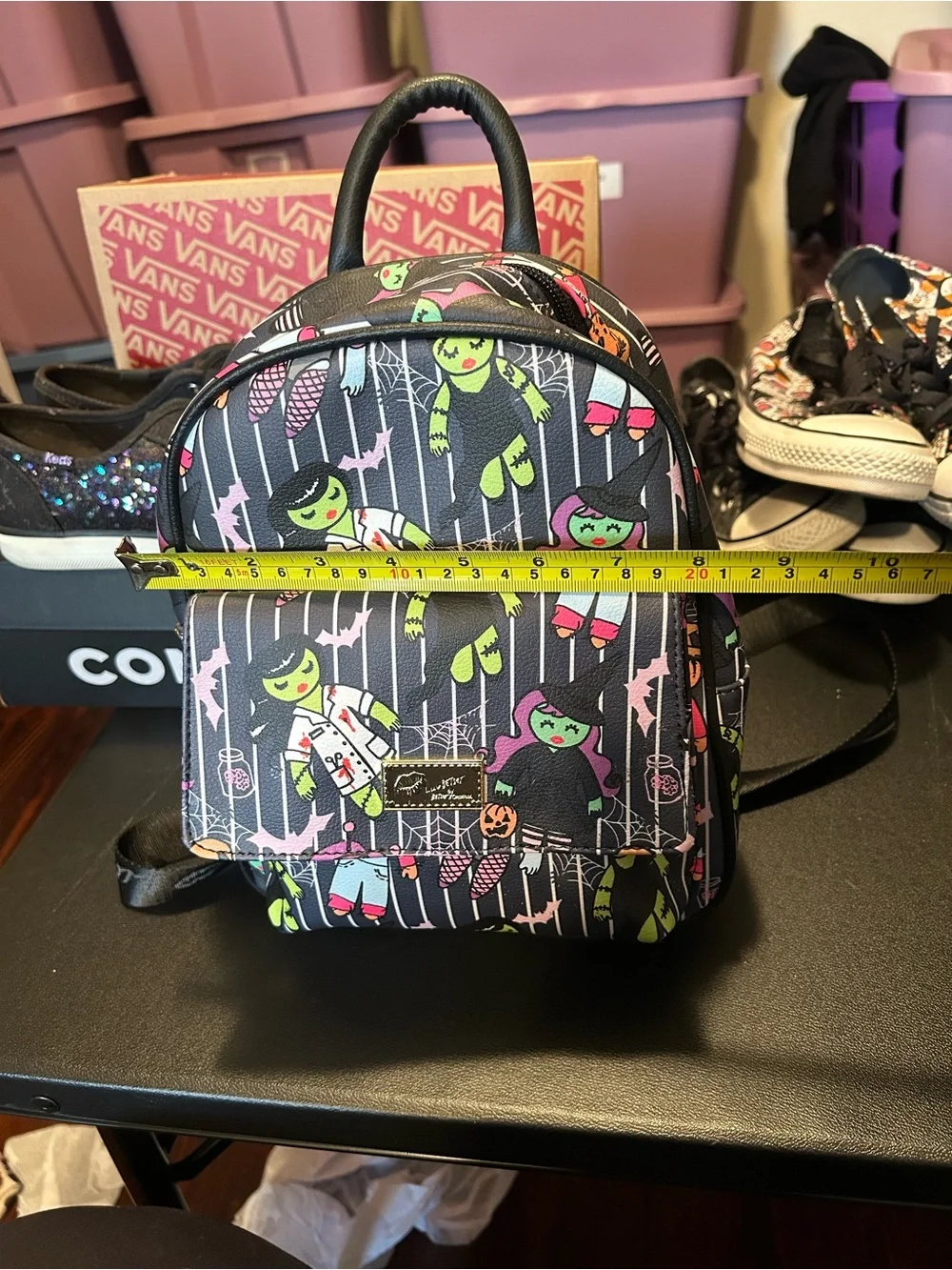 Betsey Johnson Black Mini Backpack with Neon Green & Pink Monster Print